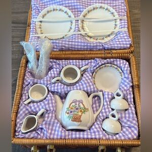 Porcelain Floral Play Tea Set in Wicker Basket